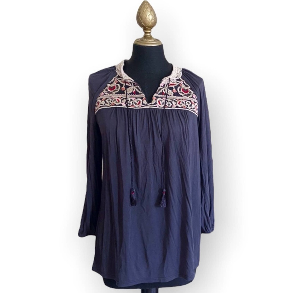 One September Top Blouse Embroidered Sequin Quarter Sleeve Peasant Grey Size XS